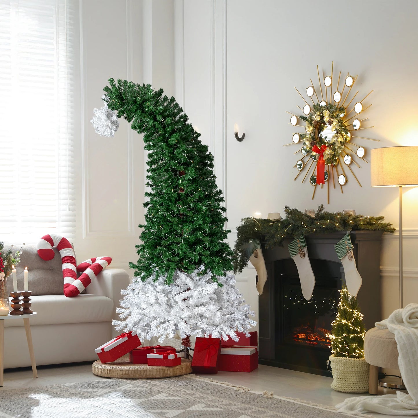 6FT Pre‑lit Bent Top Christmas Tree, Santa Hat Style Artificial Hinged Xmas Tree with 250 Warm White LED Lights, 839 Branch Tips for Home Holiday Party Decor
