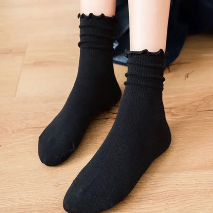 Ruffle Socks Women White Black Frilly Lolita Style Japanese Maiden Cute Kawaii Cotton Harajuku Princess Crew Socks Calcetines