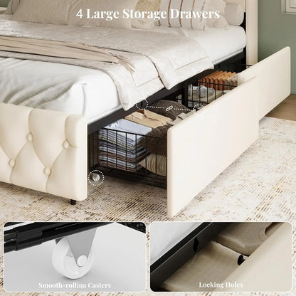 Queen Size Bed Frame and Headboard & 4 Storage Drawers, Upholstered Platform Bed Frame with RGB LED Lights &, Customized