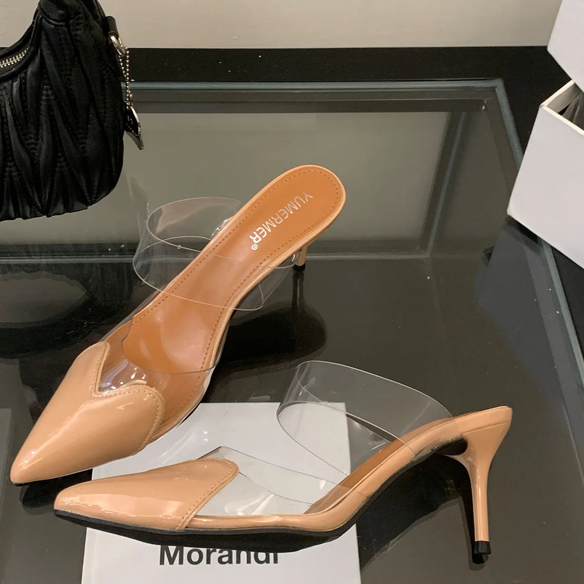 Clear Heart Heeled Mules Sandals Transparent PVC Pointed Toe Slip On Clear Heeled Sandals Party Prom Dress 7.5cm High Heel Mules