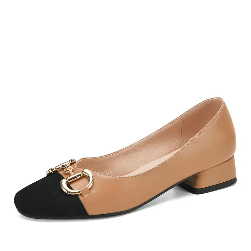 Lady Patchwork Low Heels Pumps Squar Tip OL Slip-Ons With Metal Buckle Plus Size 3-43 Retro Footwear Brown White Black Hand-Made