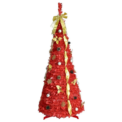 6FT Prelit Full Pop Up Christmas Tree with 150 Warm LED Lights, Gold and Red Ribbon, Bows, Balls Ornaments Easy Assemble Collapsible Xmas Trees Holiday Party Decor