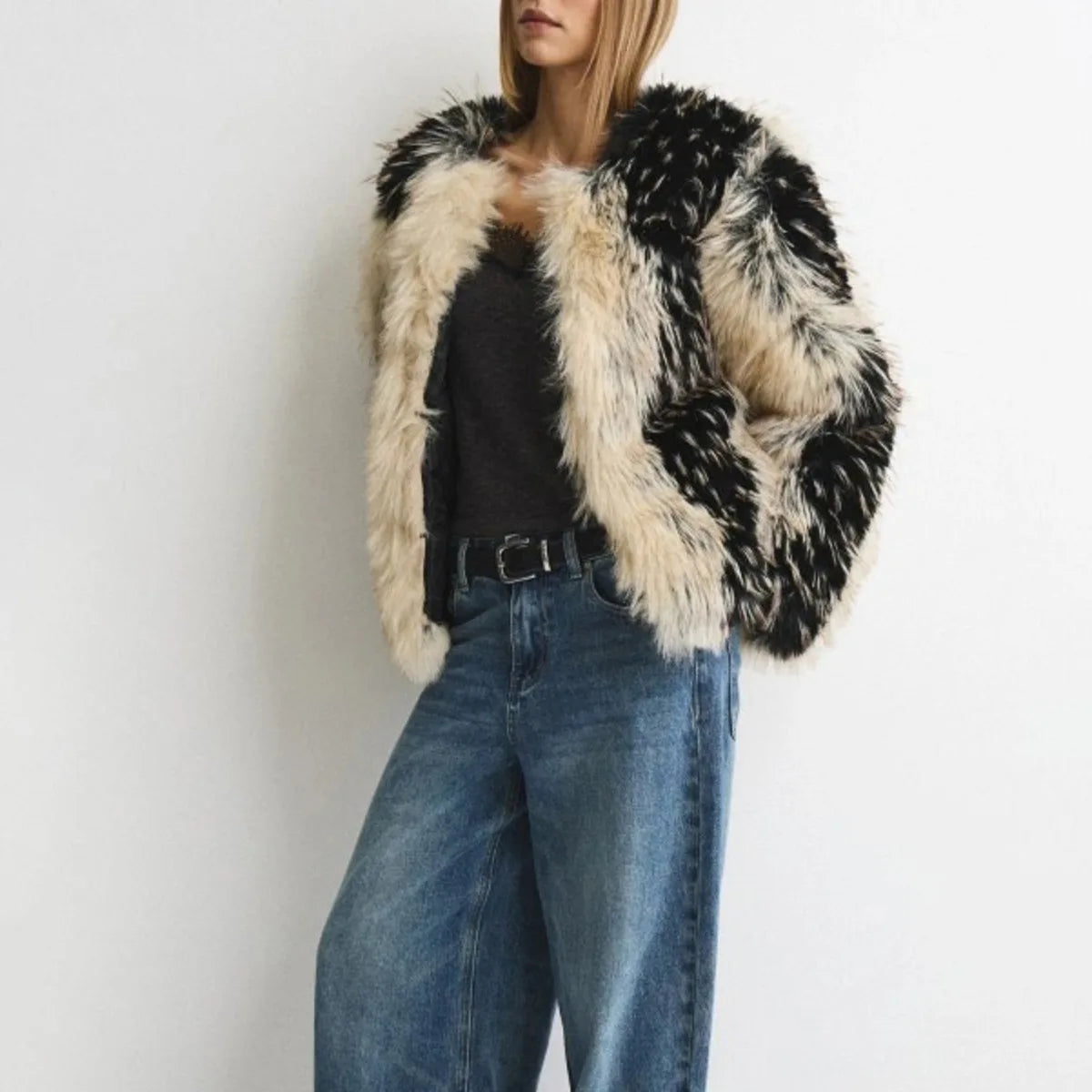 Women Black & Beige Two-Tone Fur Fluffy Cropped Jacket, Open Front Collarless Side Pockets, Winter Warm Casual Street Outerwear