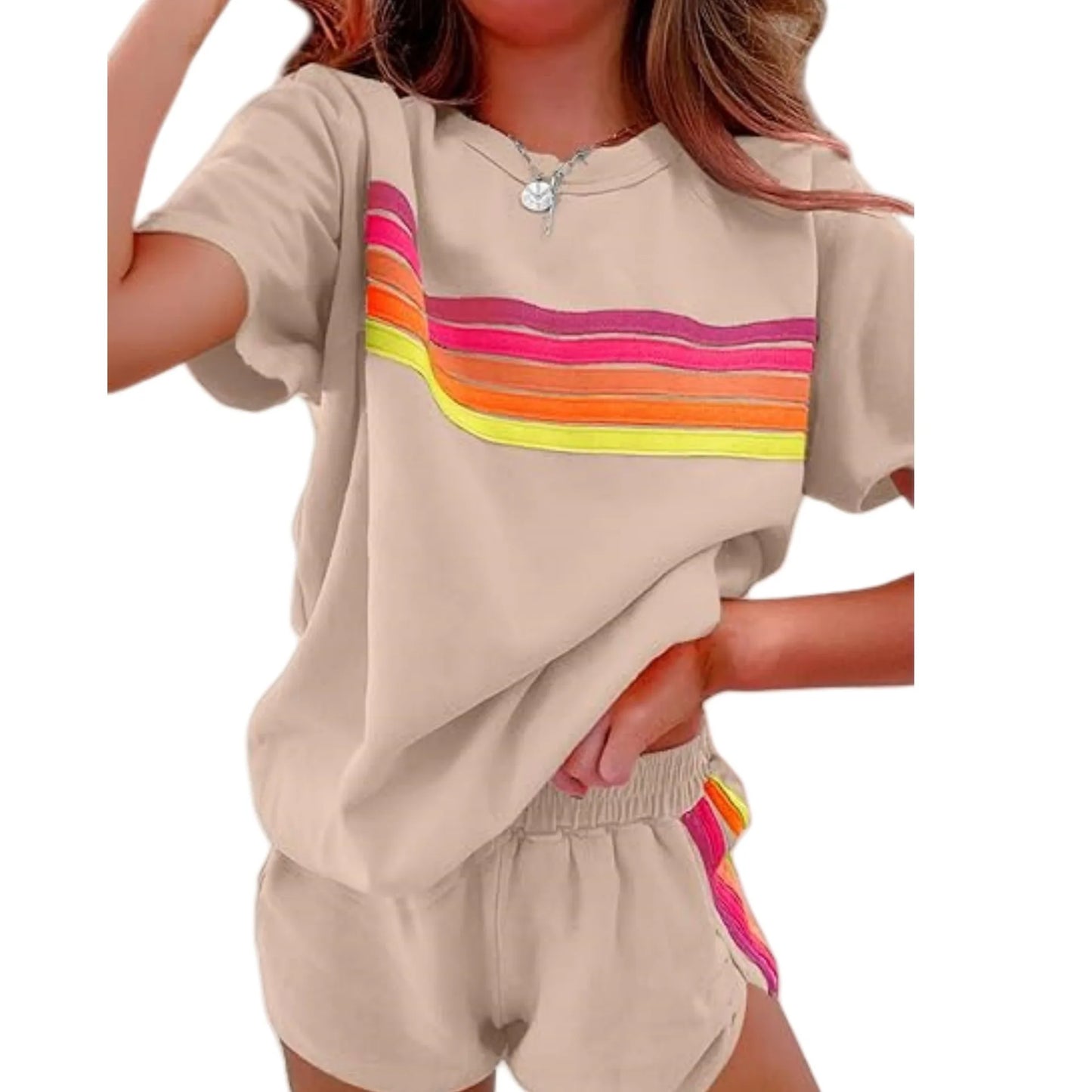 Women Casual Sports Outfits Summer Outdoor Comfortable Cool Shorts Tracksuit 2pcs Set Urban Fashion Stripe Top Suit Streetwear