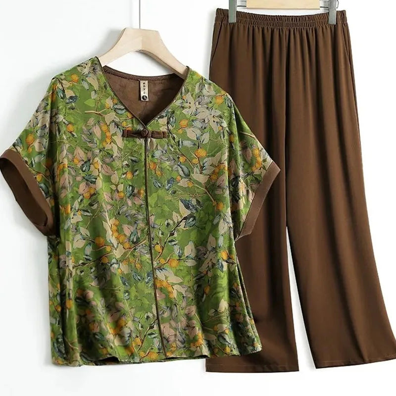 Korean Lady Short Sleeve Blouse Pant 2PCS Middle-aged Mom Large Size 5XL T-shirt Suit Summer Femme V Neck Trousers Two-piece Set