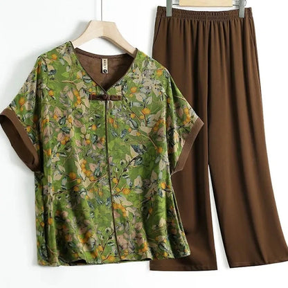 Korean Lady Short Sleeve Blouse Pant 2PCS Middle-aged Mom Large Size 5XL T-shirt Suit Summer Femme V Neck Trousers Two-piece Set