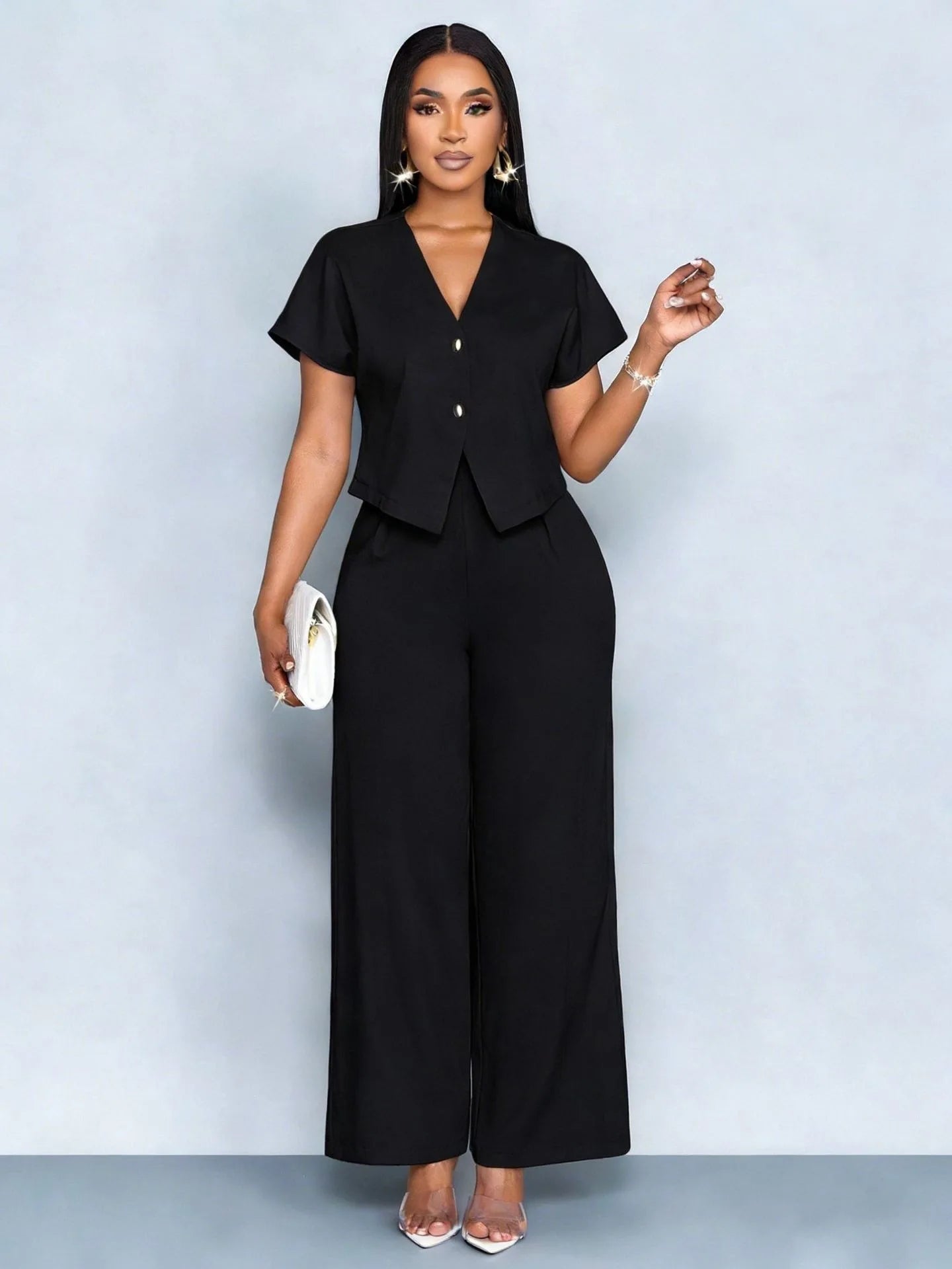 Summer Elegant 2 Piece Suit For Women V Neck Short Sleeve Blouse Top High Waist Wide Leg Pants Set Casual Business Office Outfit