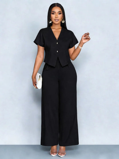 Summer Elegant 2 Piece Suit For Women V Neck Short Sleeve Blouse Top High Waist Wide Leg Pants Set Casual Business Office Outfit