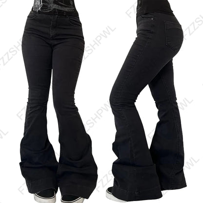 2025 Women's Concise High Waist Flared Jeans Stretchy Slim Fit Casual Chic Trendy Denim Pants Goth Harajuku Y2K Female Trousers