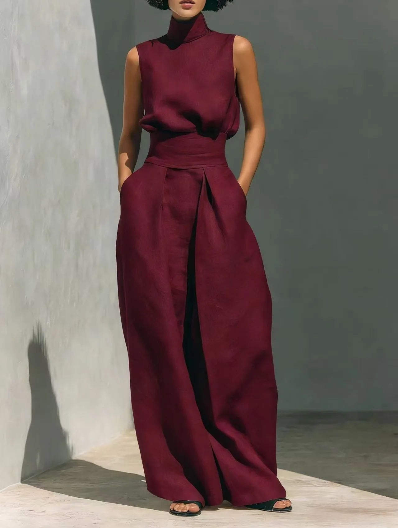 casual Solid Cotton Linen two-piece set for Women Sleeveless Turtleneck Top +High Waist Pants Set New Summer Button Loose Outfit