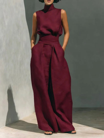 casual Solid Cotton Linen two-piece set for Women Sleeveless Turtleneck Top +High Waist Pants Set New Summer Button Loose Outfit