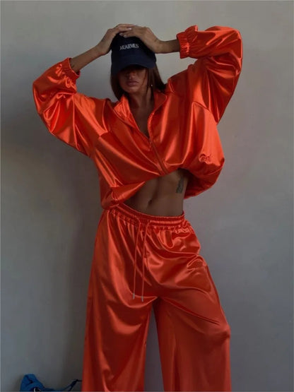 2026Spring Autumn New Satin Women's Sports Suit Fashion Zipper Long Sleeve Jacket Casual Loose Female Wide Leg Pants 2 Piece Set