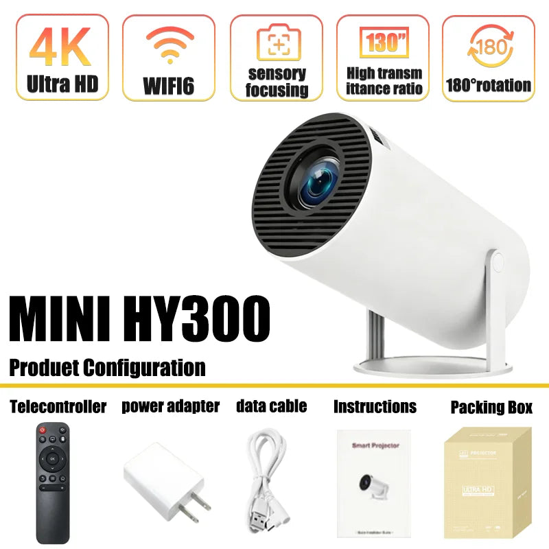 HY300 Smart Mini Projector Wireless Bluetooth Android11.0Support1080P 4kDual Wireless Bluetooth5.4Indoor portable projector
