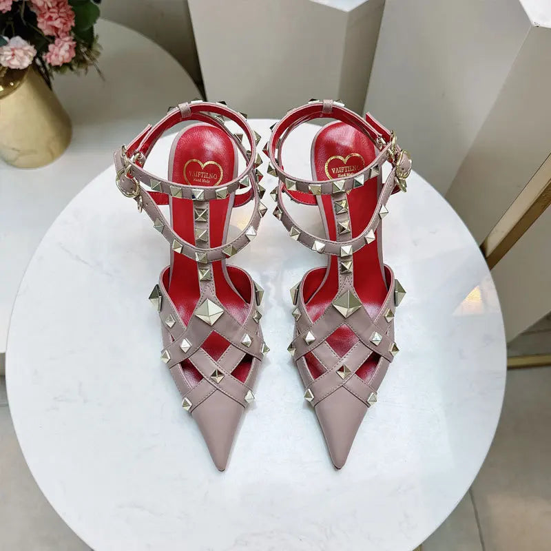 2026 Spring/Summer New High Heel Riveted Sandals Pointed Fine Heel Sandals Riveted Single Shoes