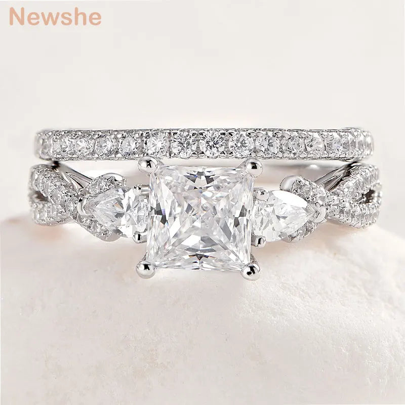 Newshe 2 Pcs Wedding Ring Set 925 Sterling Silver Moissanite Certified Princess Pear Cut Engagement Rings for Women Fine Jewelry