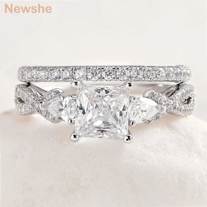 Newshe 2 Pcs Wedding Ring Set 925 Sterling Silver Moissanite Certified Princess Pear Cut Engagement Rings for Women Fine Jewelry