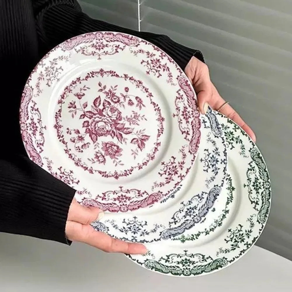 Dinner Set Retro Nordic Flower Pattern Disc Round Ceramic Dinner Plate Exquisite Light Luxury Shallow Plate Hotel