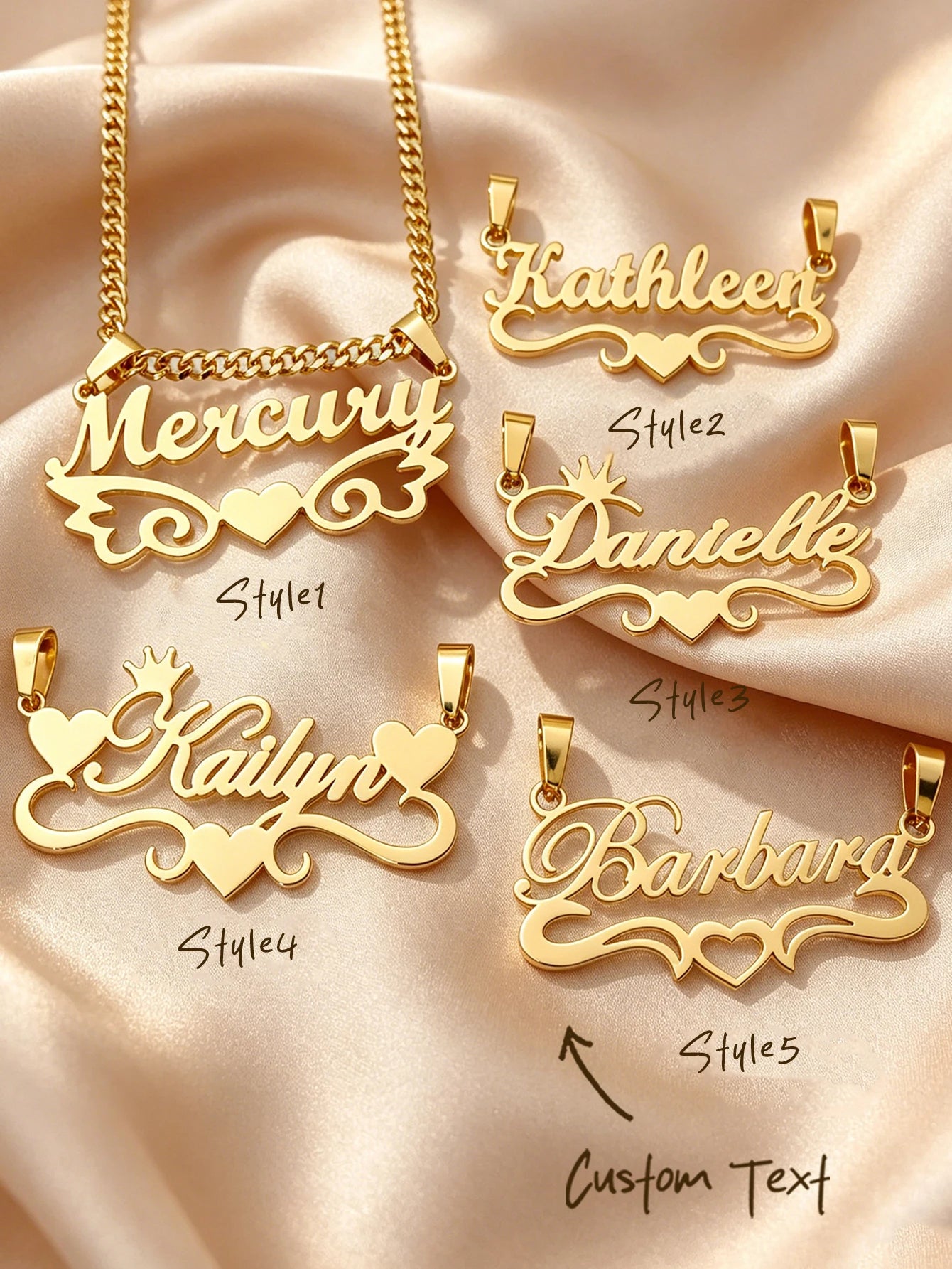 Personalized custom name jewelry necklace, featuring 5 different styles, crafted from 18k gold stainless steel, perfect for ever