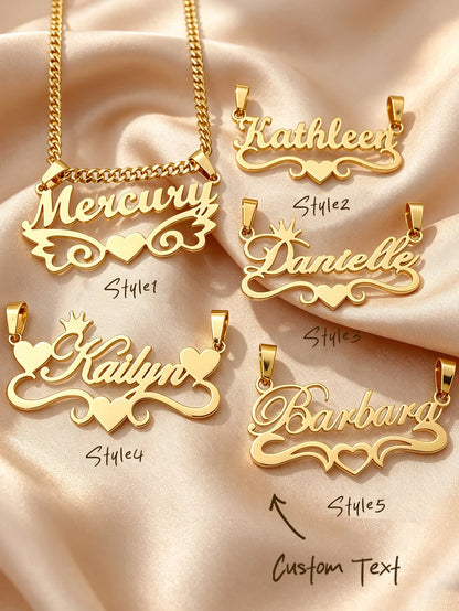 Personalized custom name jewelry necklace, featuring 5 different styles, crafted from 18k gold stainless steel, perfect for ever