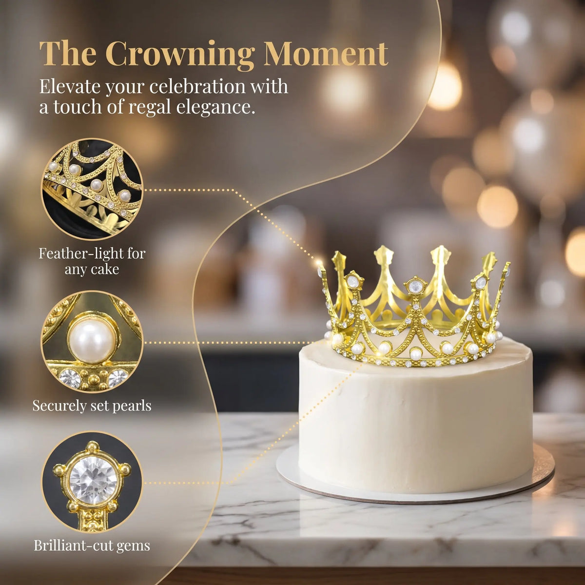 Gold Rhinestone Crown Cake Topper Pearl Tiara Baby Shower Wedding Birthday Party Cake Decorations