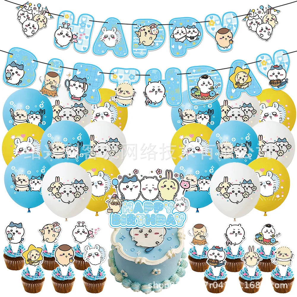 kawaii Chiikawa Birthday Party Disposable tableware Banner Cake Topper Hanging Flag Latex Foil Balloons Birthday Decorations Toy