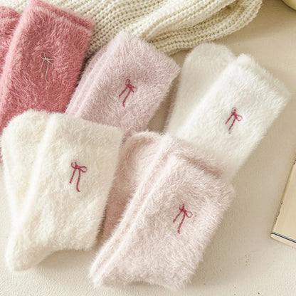 5pairs Soft Bowknot Love Embroidered Socks, Mid-Crew Knit Socks for Women, Cozy Fluffy Socks for Spring Fall Winter