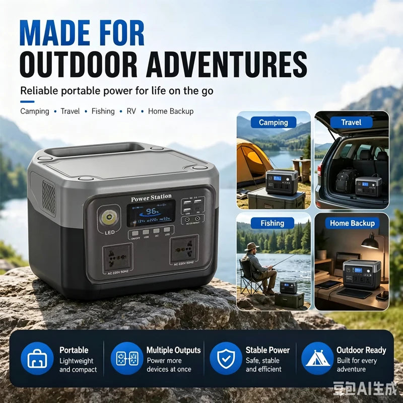 800W 46Ah Portable Power Station 600W/800W 589WH Solar Generator Backup PowerBank for Outdoor Camping, Home Emergency, RV Travel