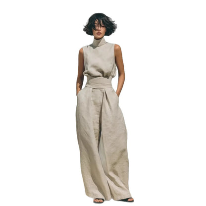 2026 Women 2 Piece  Outfit, Sleeveless High Neck Blouse & High Waist Wide Leg Pants Set, Elegant Office Commuter Matching Suit W