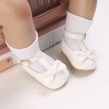 Solid Color PU Leather Bowknot Princess Shoes, Baby Learning Walk Shoes Prewalkers for Newborn  Girls 0-18M