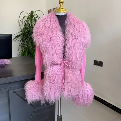 Women's Real Fox Fur Cardigan Jacket Spring and Autumn with Knitted Sweaters and Real Fox Fur Collar Women Raccoon Fur Cardigan