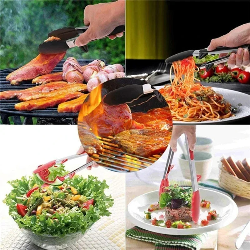 430 Stainless Steel Food Clip Equipped with Heat-resistant Silicone Kitchen Tongs Bbq Barbecue And Steak Frying Tool Holder