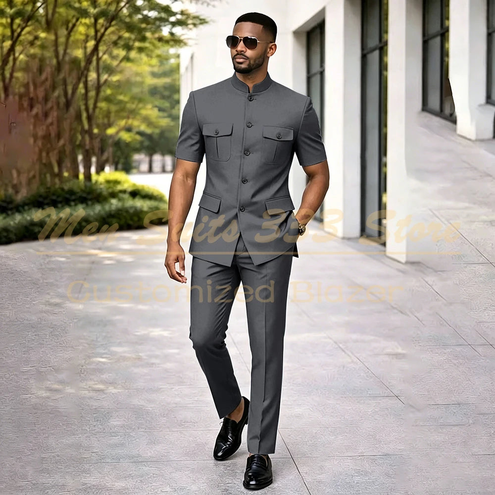 Summer Safari Men's Suits Fashion Regular Fit Short Sleeve Blazer Elegant Luxury Single Breasted 2 Piece Jacket Pants Outfits