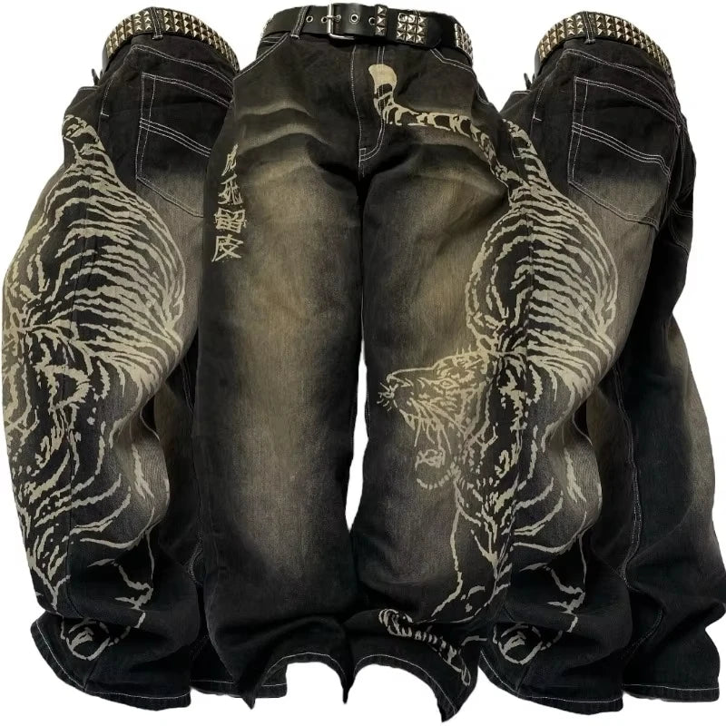 American New Fashion Cherry Blossom Letter Pattern Embroidered Baggy Jeans Women Y2K Gothic Popular Straight Wide-leg Trousers