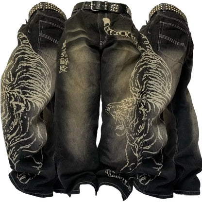 American New Fashion Cherry Blossom Letter Pattern Embroidered Baggy Jeans Women Y2K Gothic Popular Straight Wide-leg Trousers