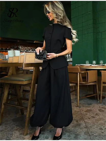 SINGREINY Women Pant Set Two Piece Sets Round Neck Short Sleeve Coats Tops+Wide Leg Long Pants Y2k Streetwear Elegant 2026 Suits