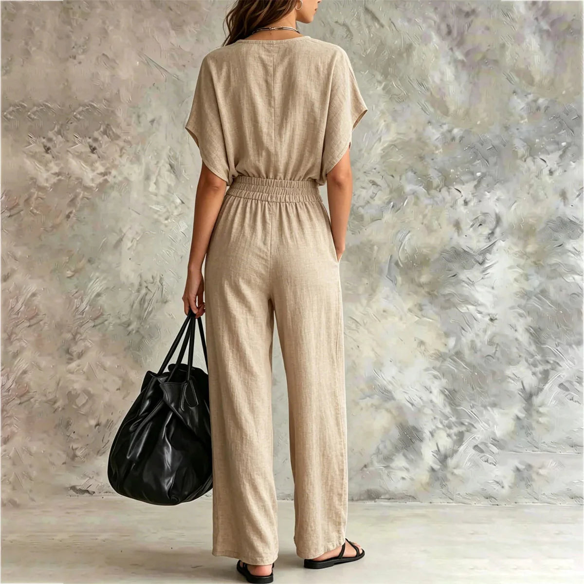 Women Casual Cotton Linen 2 Piece Outfit Summer Loose V Neck Short Sleeve Top Elastic High Waist Wide Leg Pants Set With Pockets