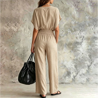 Women Casual Cotton Linen 2 Piece Outfit Summer Loose V Neck Short Sleeve Top Elastic High Waist Wide Leg Pants Set With Pockets