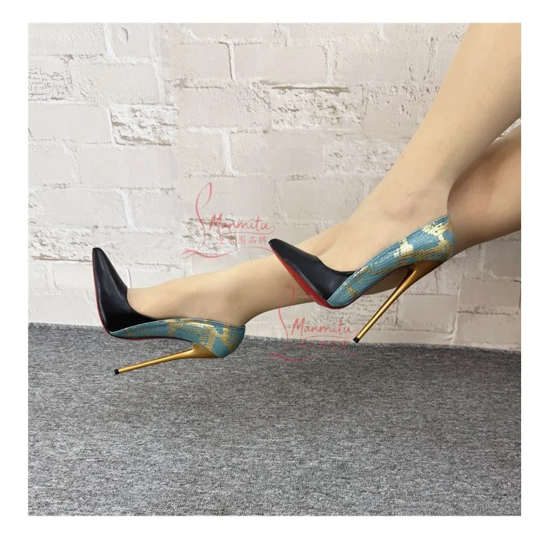 Autumn new pointed shallow mouth shoes, fine heels, high-end feel, snake pattern, sexy high heels, plus size women's shoes