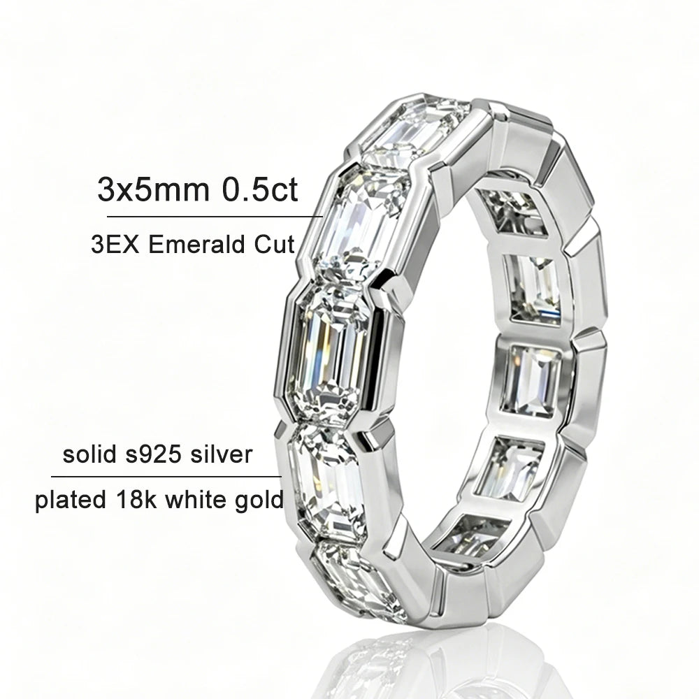 KNOBSPIN 3x5mm Emerald Cut Moissanite Eternity Band Ring D VVS1 Lab Created Diamond S925 Sterling Silver Wedding Rings for Women