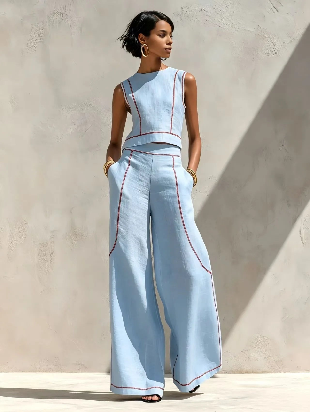 Women Striped Print 2 Piece Set Sleeveless Round Neck Tank Top High Waist Pocket Wide Leg Trousers Suit New Summer Resort Outfit