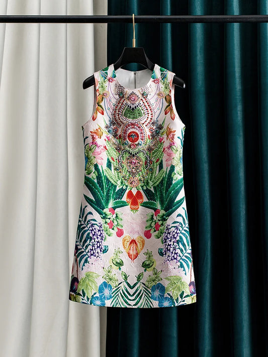 Women Green Printed Beaded Sleeveless a Line Dress Round Neck Summer Midi Dress Elegant Casual Party Dress