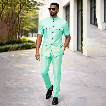 Summer Safari Men's Suits Fashion Regular Fit Short Sleeve Blazer Elegant Luxury Single Breasted 2 Piece Jacket Pants Outfits