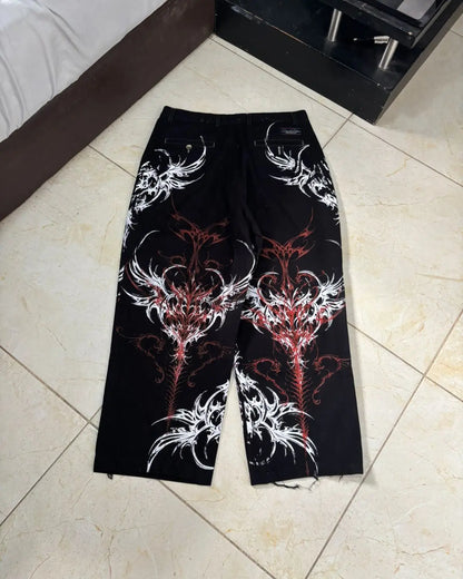 Y2K Gothic Punk Baggy Pants Women Red White Tribal Flame Print Wide Leg Trousers Vintage Grunge Streetwear Alt Clothing