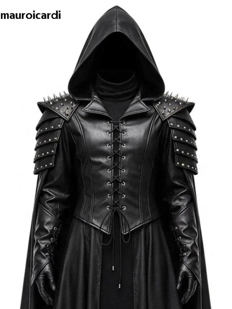 Mauroicardi Spring Autumn Extra Long Studded Black Pu Leather Poncho Overcoat Men with Hood Medieval Lace Up Luxury Cloak