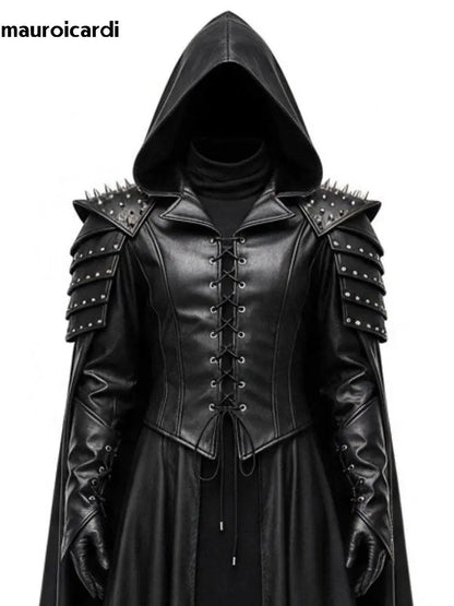 Mauroicardi Spring Autumn Extra Long Studded Black Pu Leather Poncho Overcoat Men with Hood Medieval Lace Up Luxury Cloak