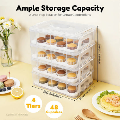 4-Tiers Cupcake Carrier 48 Holes Cakes Holder Bread Storage Display Box for Wedding Birthday Party