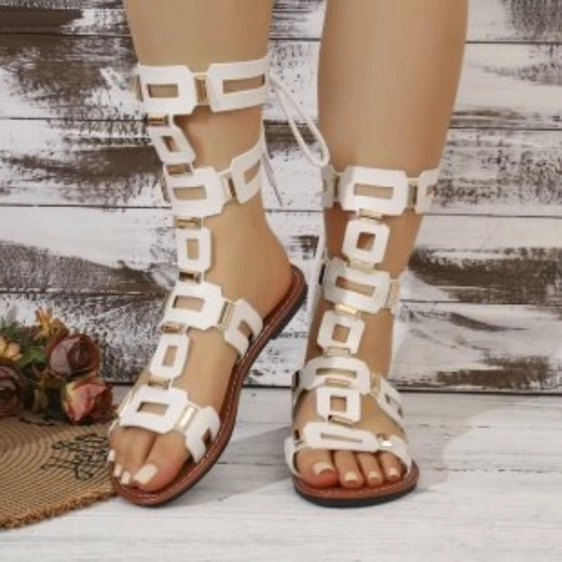 2026 New Fashionable Flat Sandals with Back Lace-up Designer Women's Sandals Sexy Open Toe Roman Style Casual Summer Boots 36-43