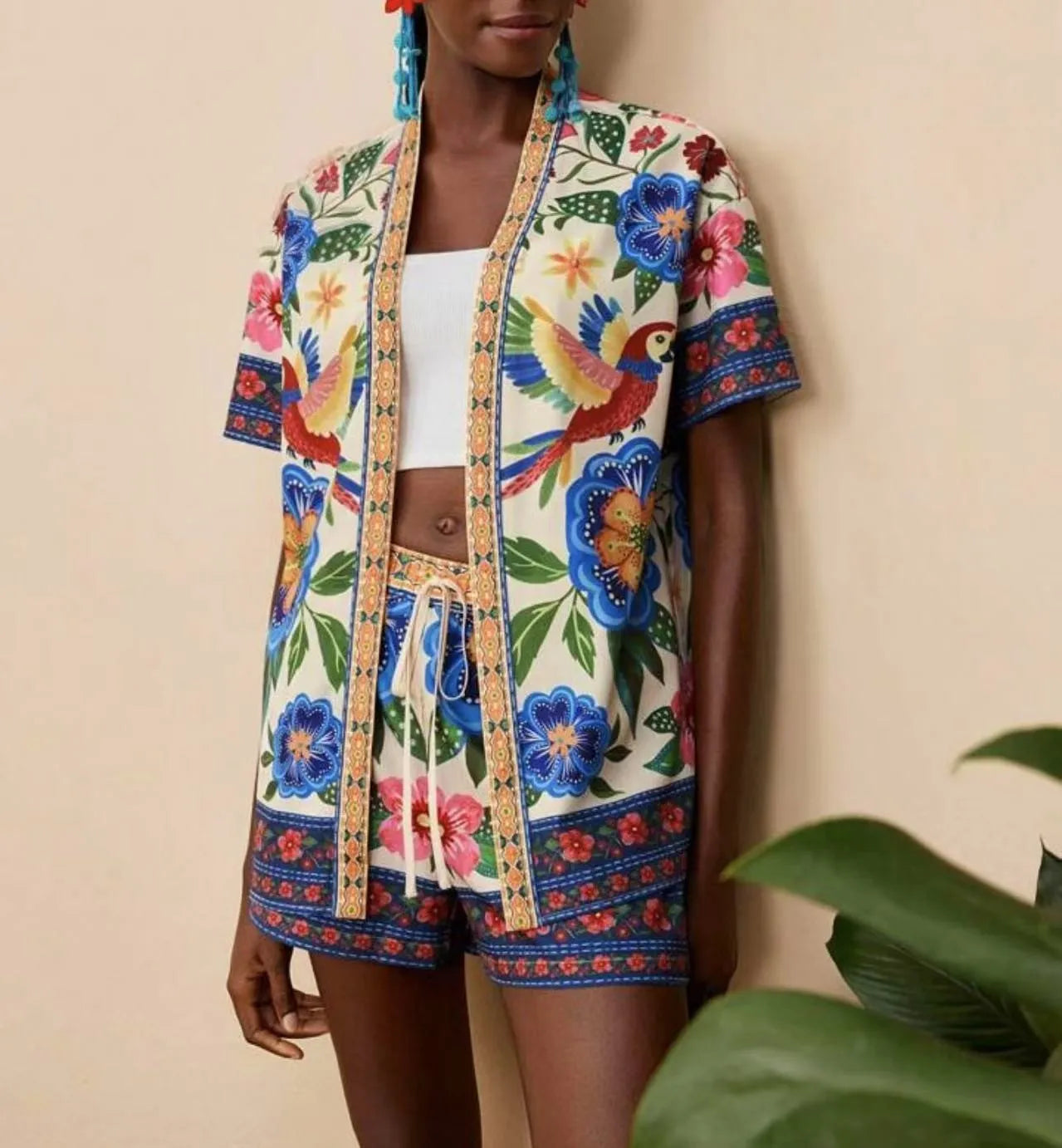 Summer Women's Suit With Shorts Printed Crop Top Short Pants Blue Patterned Set Green Floral Casual Shorts