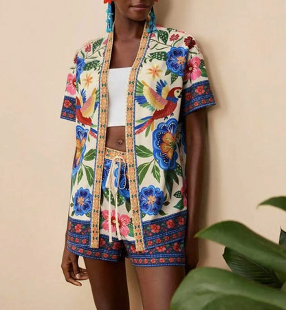 Summer Women's Suit With Shorts Printed Crop Top Short Pants Blue Patterned Set Green Floral Casual Shorts