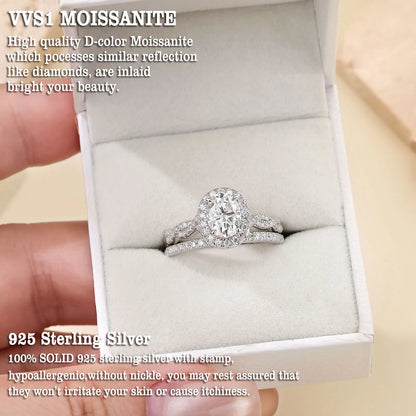 Newshe Women's D VVS1 Full Moissanite Engagement Ring Set 925 Sterling Silver Halo Oval Cut Bridal Wedding Rings Fine Jewelry